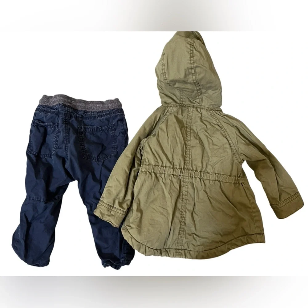 Winter -Sherpa green jacket & grey jersey cotton lined navy blue pants 18 months